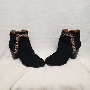 Black Faux Suede Embroidered Heeled Boots Booties Ankle Boots